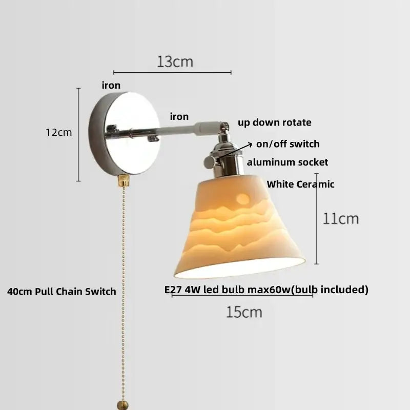 Modern chrome wall light with a white ceramic led shade and iron arm featuring a pull chain for bedroom decorbites ceramic led wall