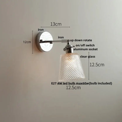 Modern chrome wall light with polished iron base and diamond-patterned glass shade ideal for bedroom decorbites ceramic led