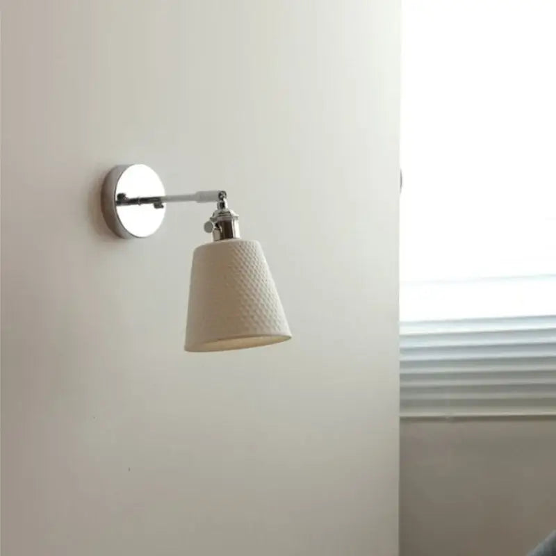 Modern chrome wall light with off-white decorbites ceramic led perforated fabric shade for bedroom wall light