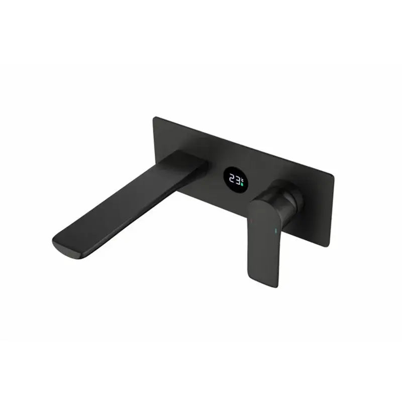 Modern black matte wall mounted basin faucet with brass valve core and digital temperature display for bathroom use