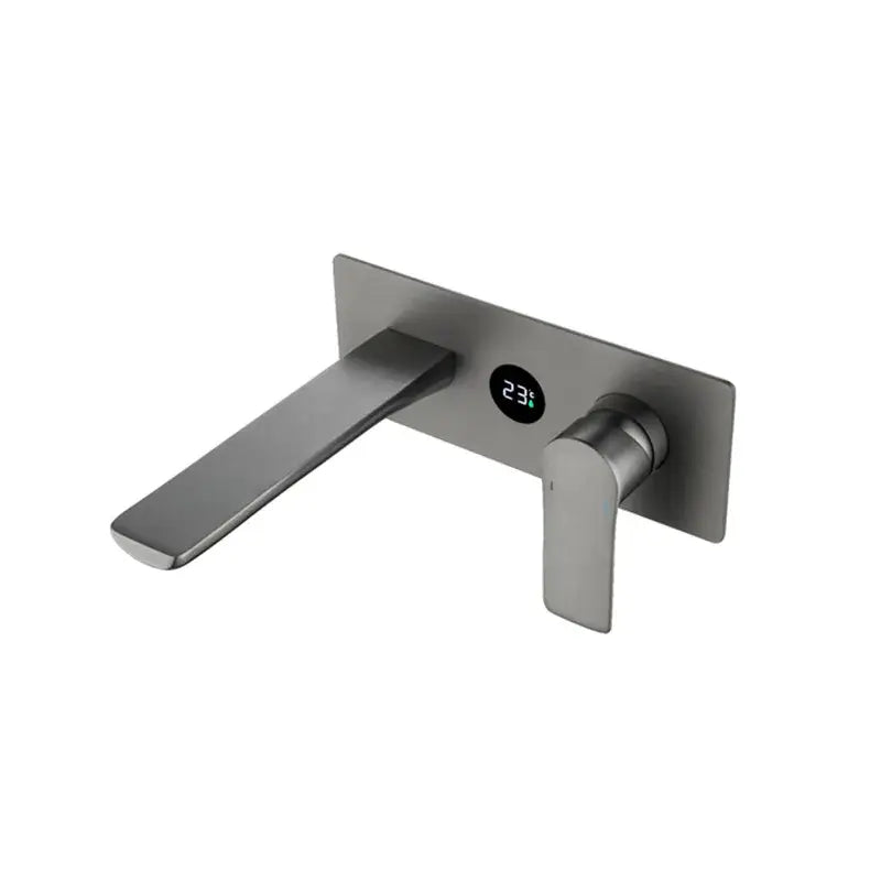 Modern matte black wall-mounted basin faucet with brass valve core and integrated digital temperature display