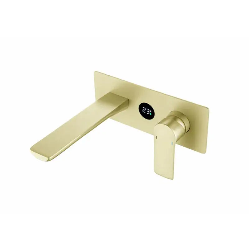 Modern gold-toned wall-mounted basin faucet with brass valve core and ceramic plate spool featuring digital temperature display