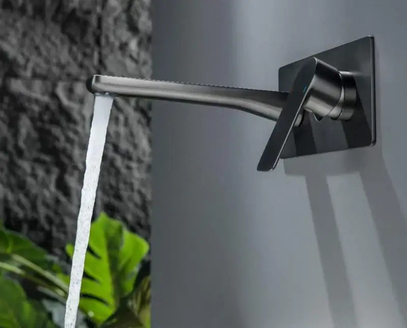 Modern matte black wall-mounted basin faucet with brass valve core and sleek single lever handle for bathroom use
