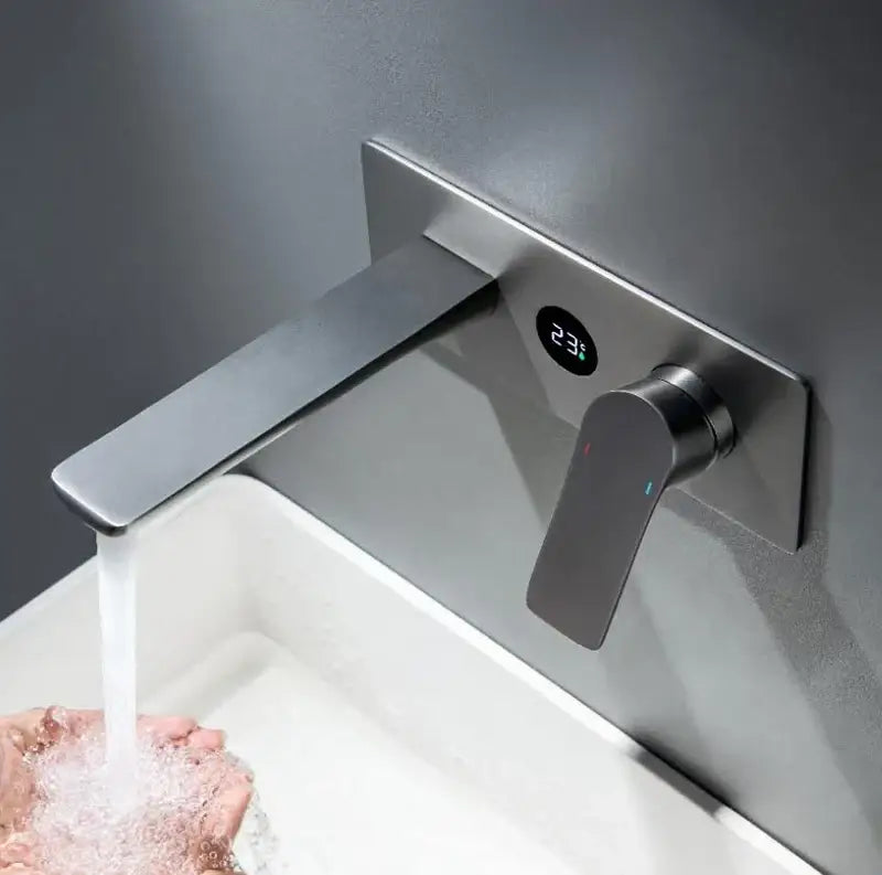 Modern matte black basin faucet with brass valve core and digital temperature display for bathroom use