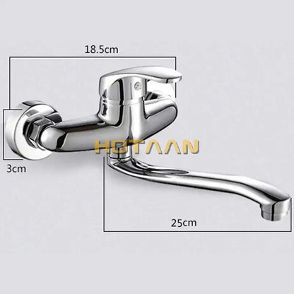 Modern chrome wall mounted kitchen tap with curved spout featuring decorbites brass chrome dual finish and sleek design