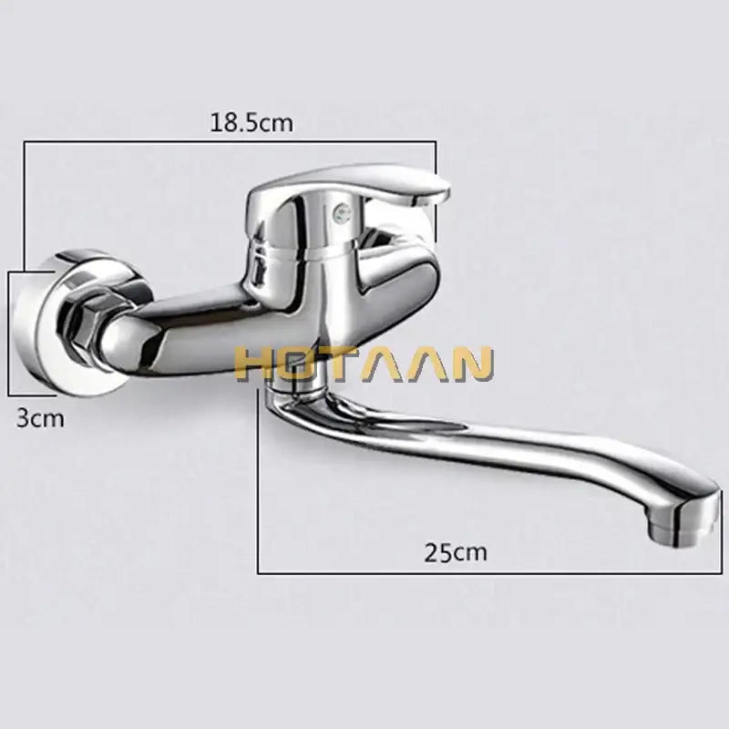 Modern chrome wall mounted kitchen tap with curved spout featuring decorbites brass chrome dual finish and sleek design