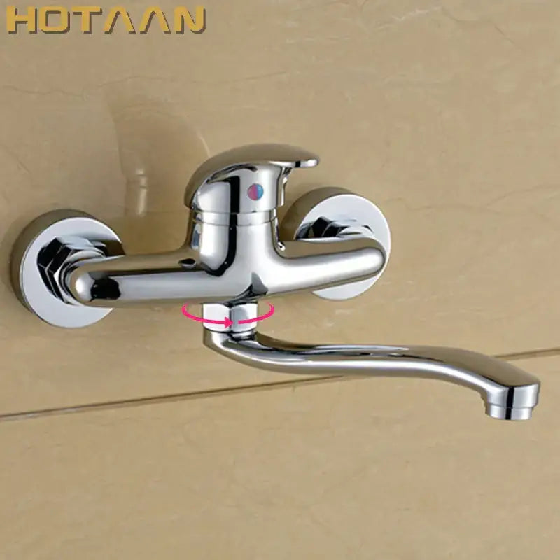 Modern chrome wall mounted kitchen tap with curved spout brass chrome dual finish and hotaan brand logo