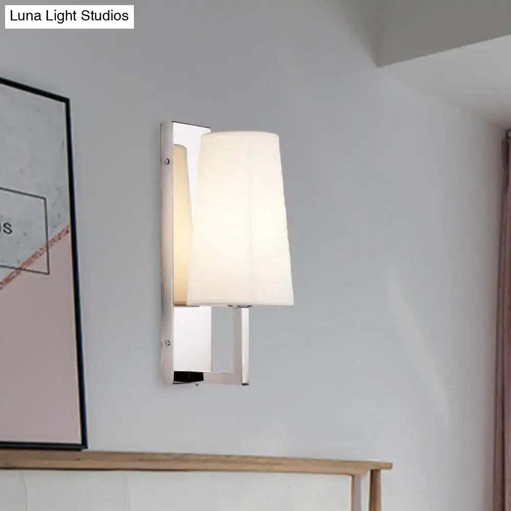 Modern chrome wall sconce light with sleek chrome finish and handmade cone fabric shade for bedroom lighting