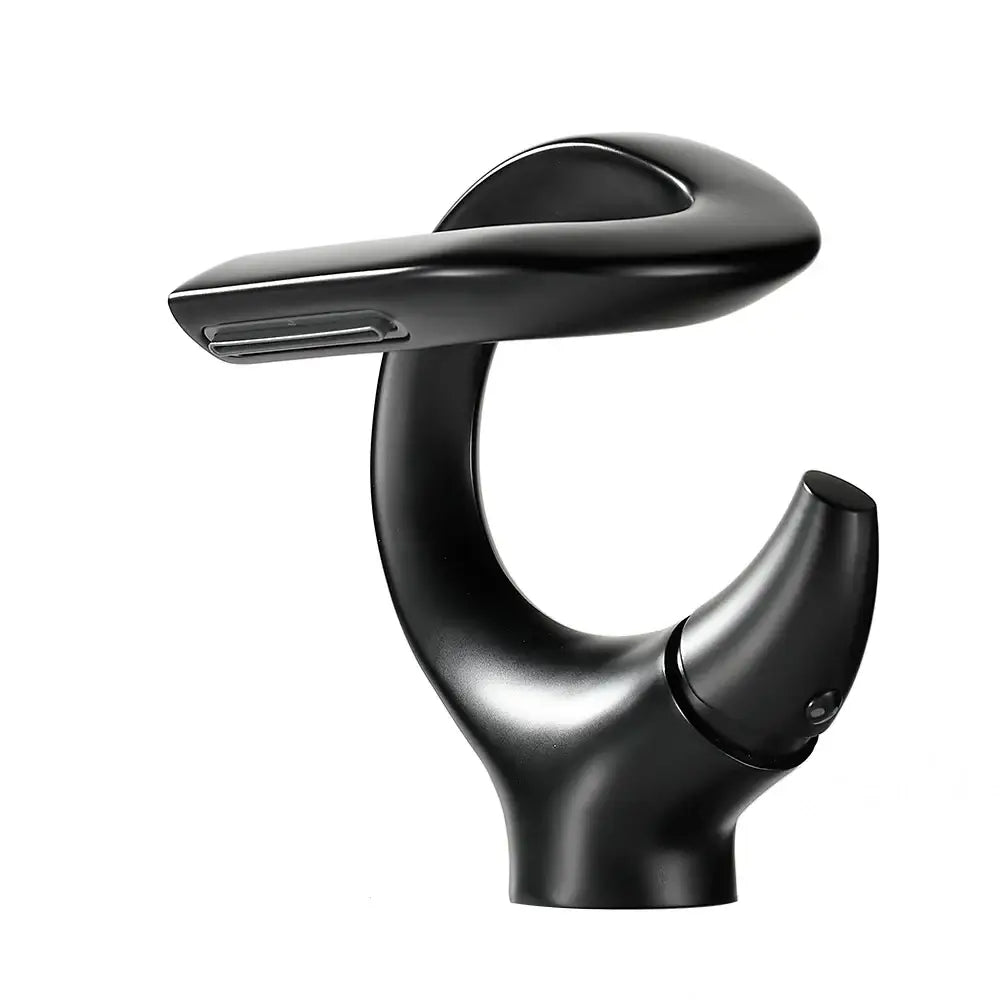 Black matte single handle bathroom faucet with sleek curved spout for single hole cold water installation