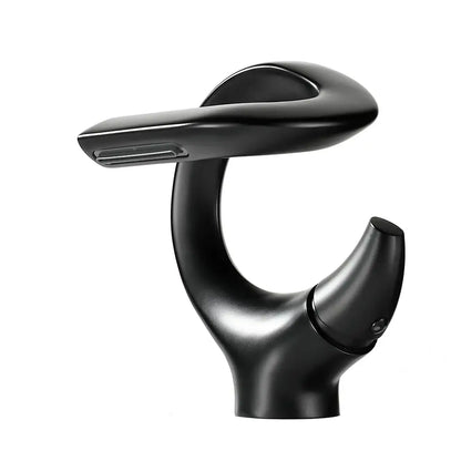 Black matte single handle bathroom faucet with sleek curved spout for single hole cold water installation