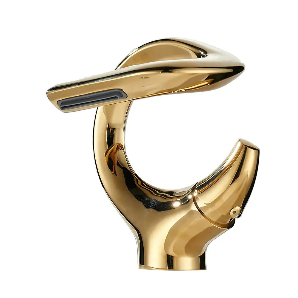 Gold-colored modern chrome waterfall single handle mixer tap with sleek curved design and polished metallic finish for single hole installation