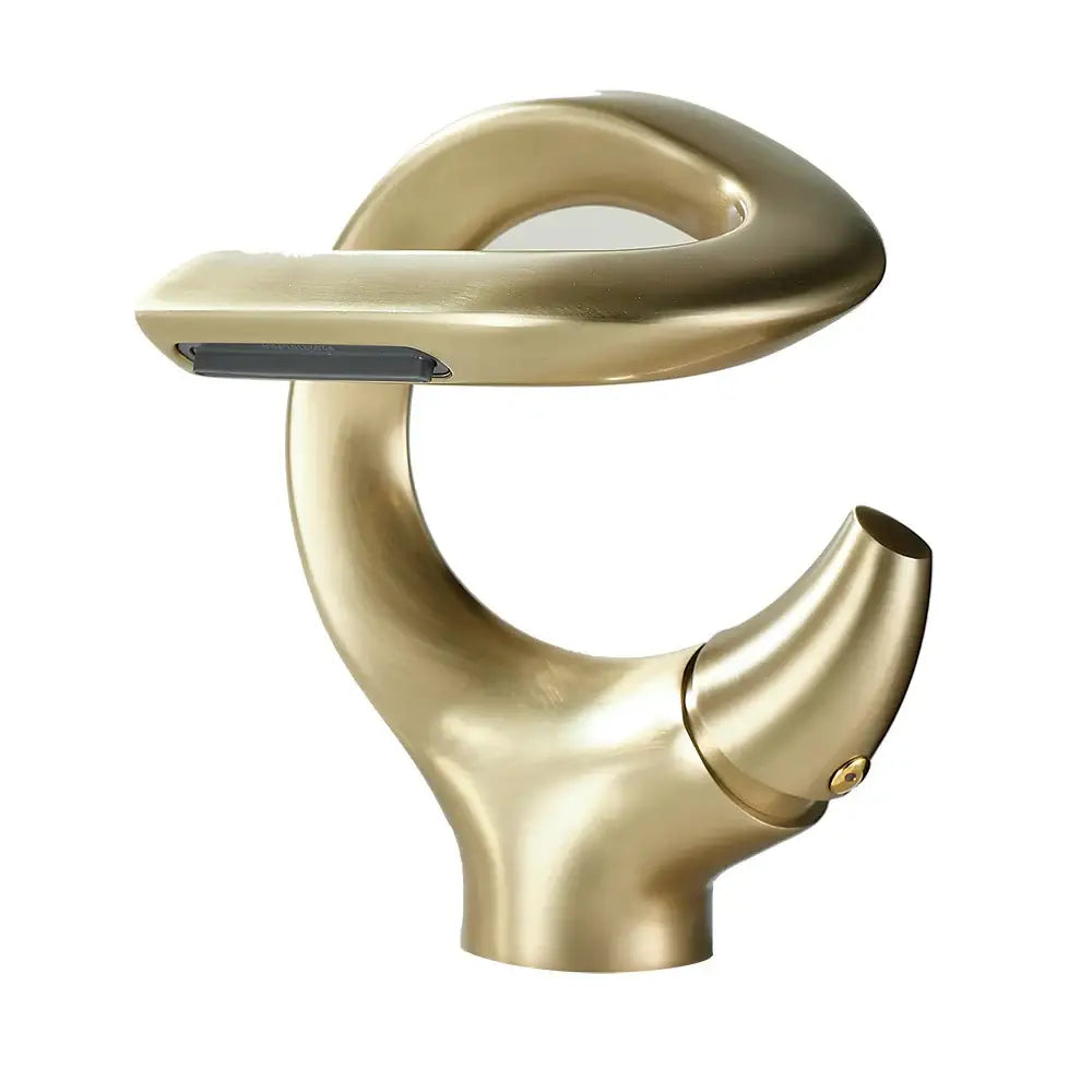 Modern gold-toned single handle bathroom faucet with sleek curved design for single hole cold water installation