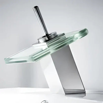 Modern chrome waterfall bathroom faucet with sleek glass waterfall spout and white ceramic basin mixer in chrome finish
