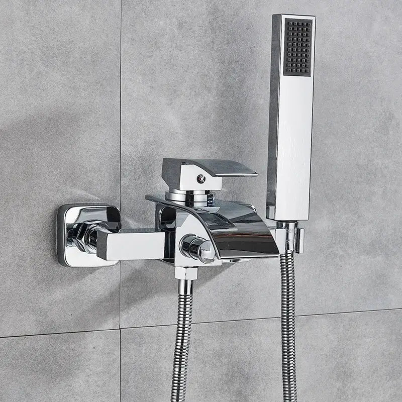 Modern chrome waterfall bathtub shower faucet with a sleek rectangular handheld showerhead and chrome finish
