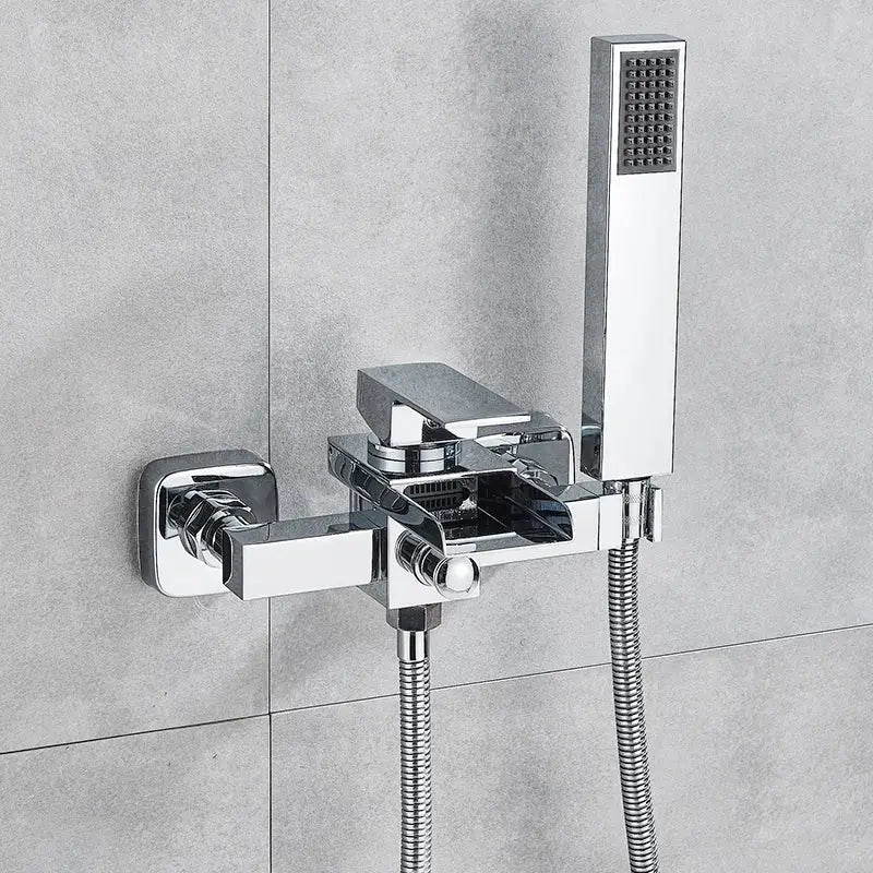 Modern chrome waterfall bathtub shower faucet with rectangular handheld spray head and flexible metal hoses