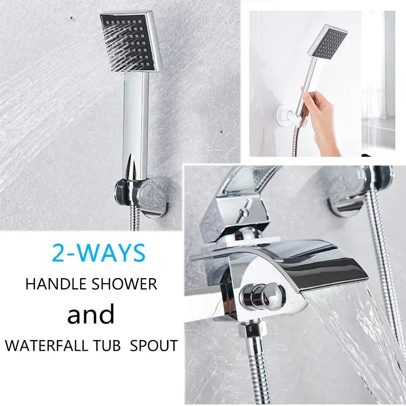 Modern chrome waterfall bathtub shower faucet with square handheld showerhead and chrome 2-way shower faucet system