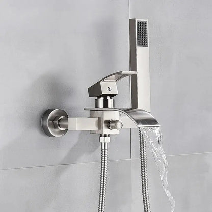 Modern chrome waterfall bathtub shower faucet in brushed stainless steel with sleek angular design and handheld showerhead