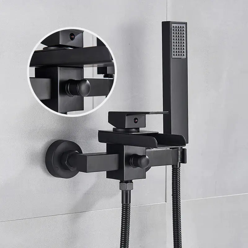 Modern black matte bathtub shower faucet with rectangular handheld showerhead and square control knobs for shower faucet use
