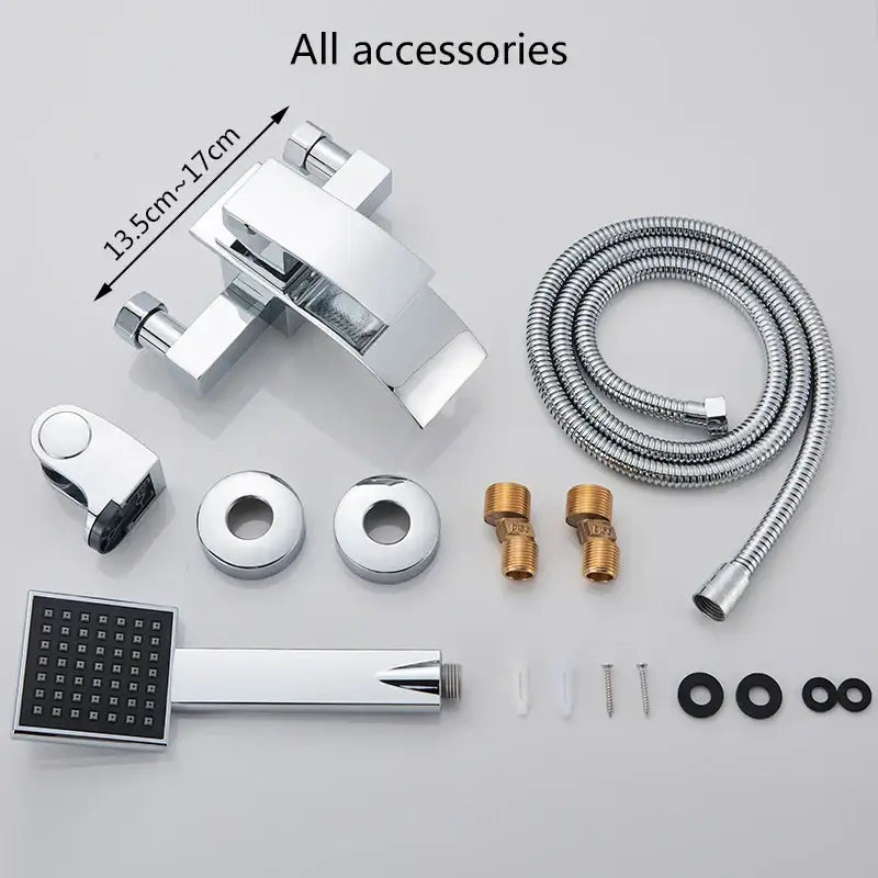 Modern chrome waterfall bathtub shower faucet with sleek rectangular design and integrated handheld showerhead