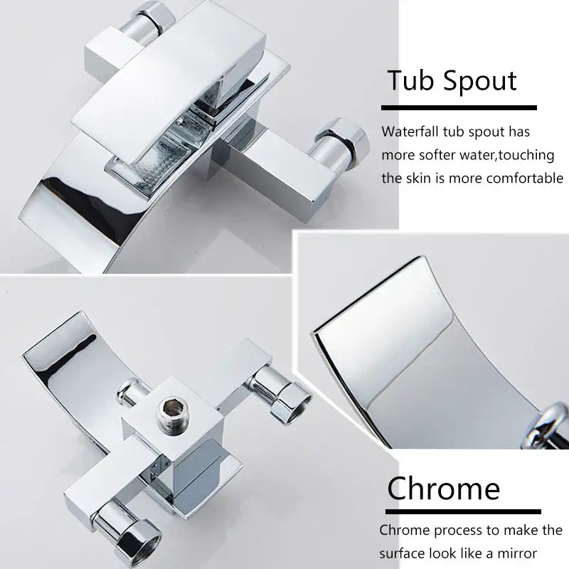 Modern chrome waterfall bathtub shower faucet with handheld showerhead and sleek geometric tub spout design