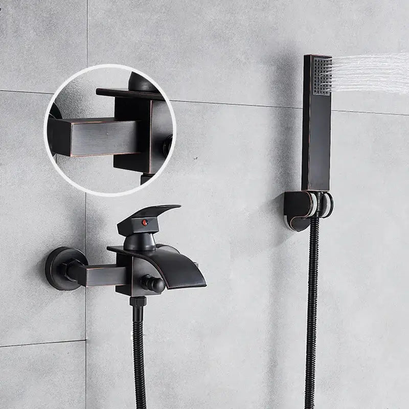Modern black matte bathtub shower faucet with integrated control handle and separate handheld showerhead for bathtub shower