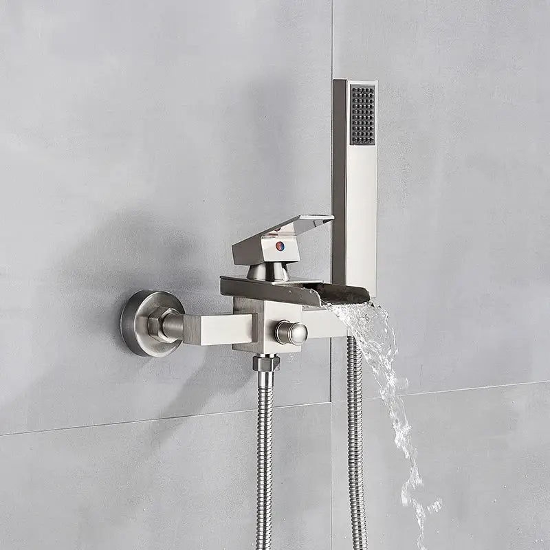 Modern chrome brushed stainless steel bathtub shower faucet with sleek waterfall spout and matching handheld showerhead