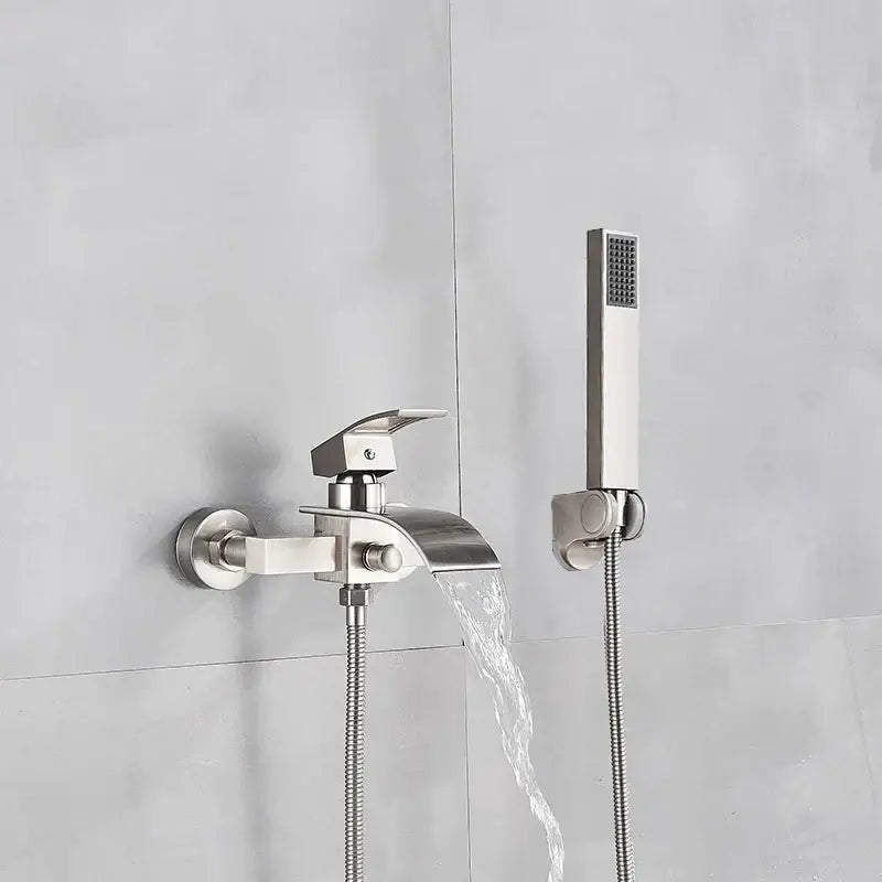 Modern chrome brushed stainless steel bathtub shower faucet with sleek waterfall spout and handheld showerhead