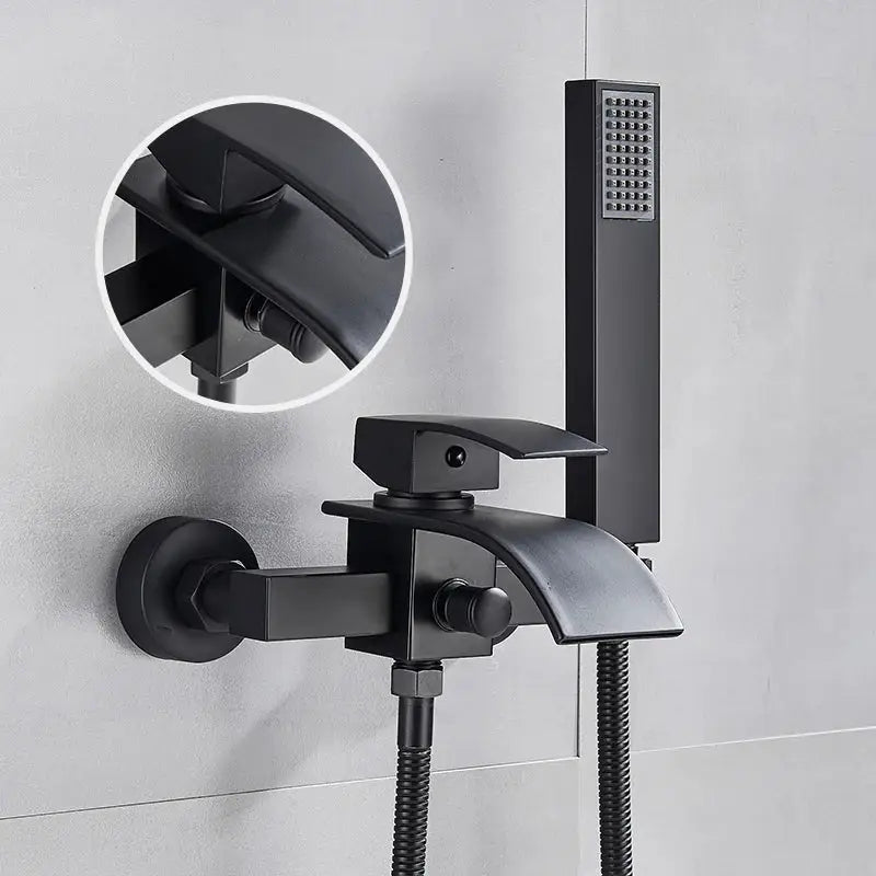 Modern black matte bathtub shower faucet with sleek angular design and matching handheld showerhead for bathtub shower use