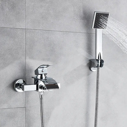 Modern chrome waterfall bathtub shower faucet with a sleek rectangular handheld showerhead and chrome finish