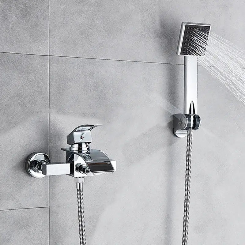 Modern chrome waterfall bathtub shower faucet with a sleek rectangular handheld showerhead and chrome finish