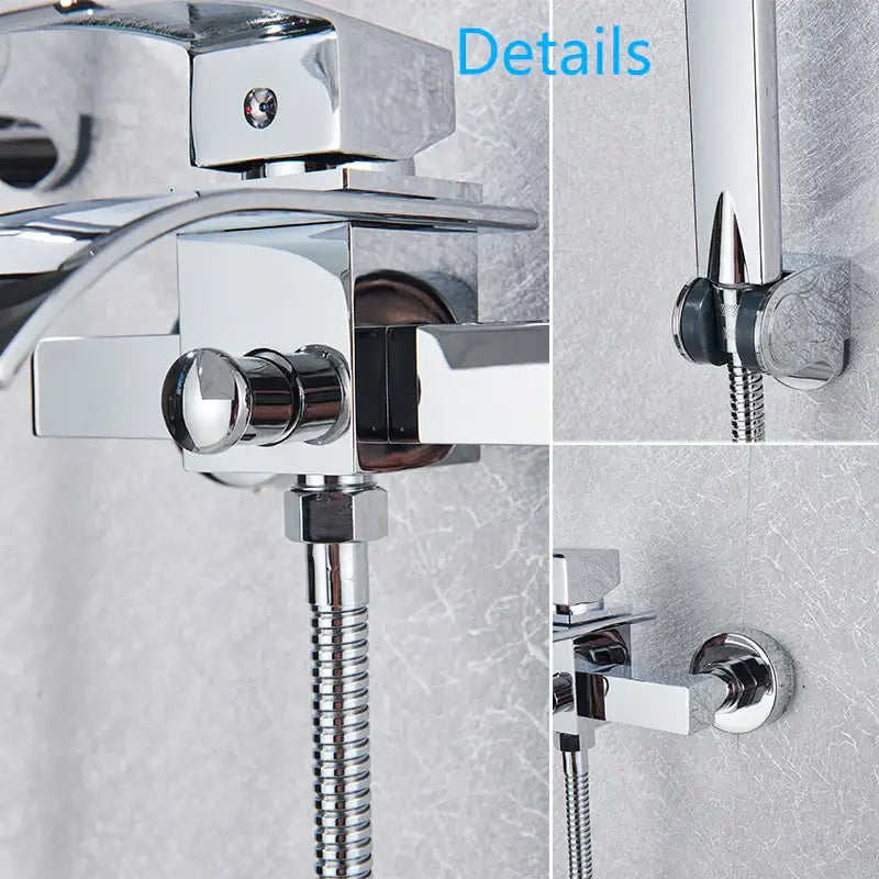 Modern chrome waterfall bathtub shower faucet with handheld showerhead featuring sleek angular design and flexible hose