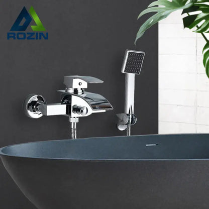 Modern chrome waterfall bathtub shower faucet with handheld showerhead featuring a sleek chrome finish and modern design