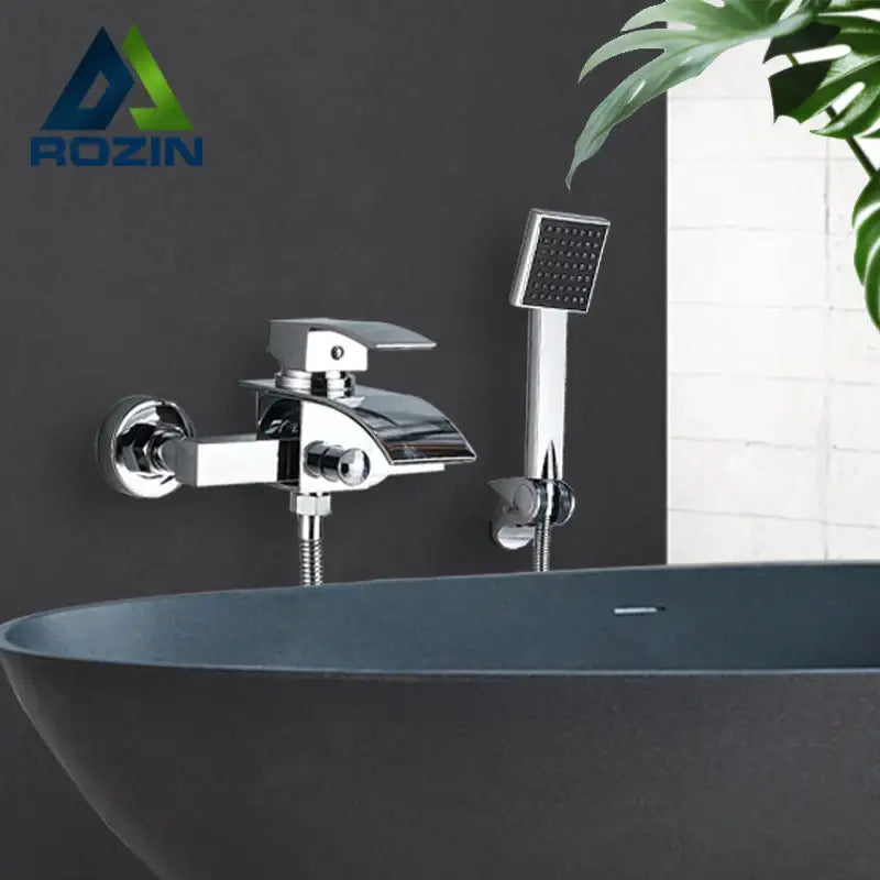 Modern chrome waterfall bathtub shower faucet with handheld showerhead featuring a sleek chrome finish and modern design