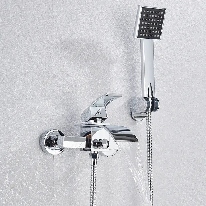 Modern chrome bathtub shower faucet with waterfall spout and square handheld showerhead for bathtub shower use