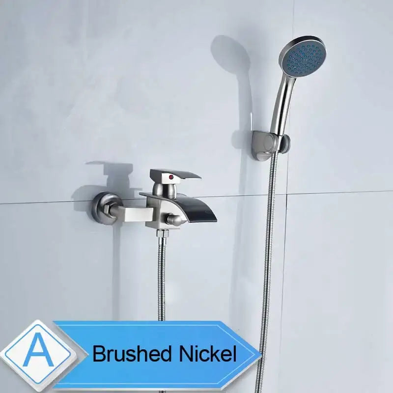 Modern chrome waterfall bathtub shower faucet with brushed nickel finish and matching handheld showerhead for bathtub shower use