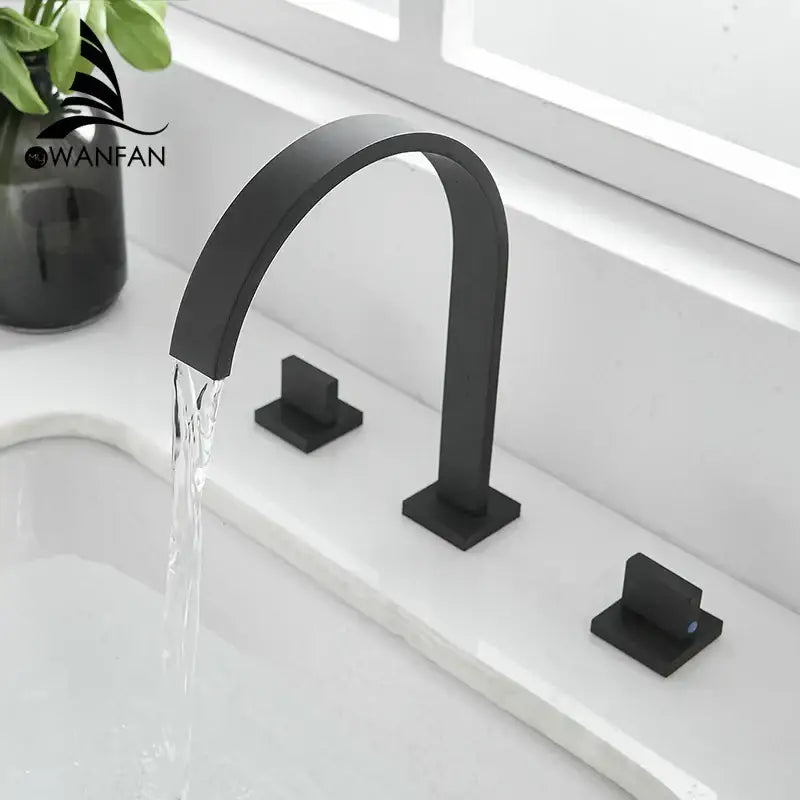 Modern chrome waterfall brass chrome bathroom sink faucet with black matte finish and sleek curved spout handles