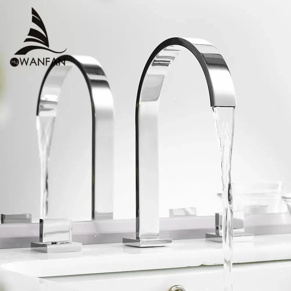 Modern chrome waterfall brass chrome bathroom sink faucet with sleek arched dual spouts for bathroom decorbites brass chrome