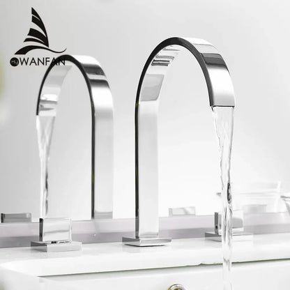 Modern chrome waterfall brass chrome bathroom sink faucet with sleek arched dual spouts for bathroom decorbites brass chrome