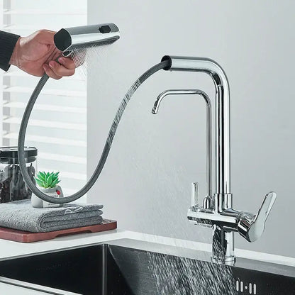 Modern chrome waterfall kitchen faucet with pull out spray head and flexible hose for versatile kitchen use