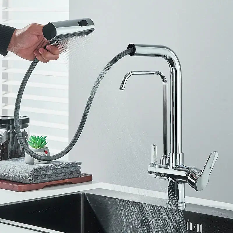 Modern chrome waterfall kitchen faucet with pull out spray head and flexible hose for versatile kitchen use