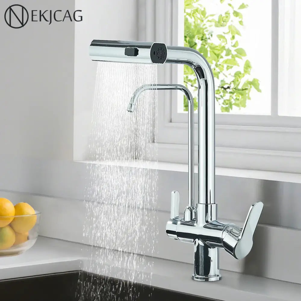 Modern chrome waterfall kitchen faucet with pull out spray and dual handles in sleek ekjcag design