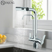 Modern chrome waterfall kitchen faucet with pull out spray and dual handles in sleek ekjcag design