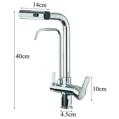 Modern chrome waterfall kitchen faucet with pull out spray head and two handles featuring a sleek design