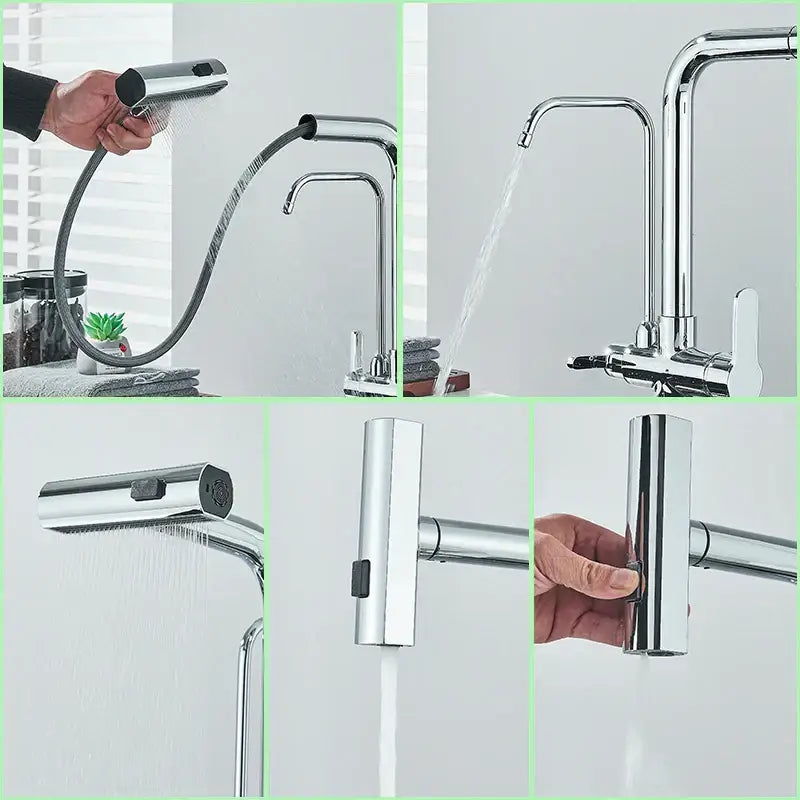 Modern chrome waterfall kitchen faucet with pull out spray and flexible hose for versatile kitchen faucet use
