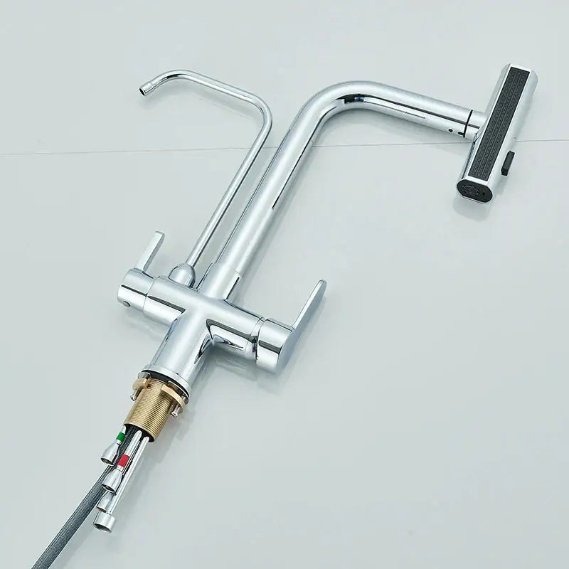 Modern chrome waterfall kitchen faucet with pull-down spray head and dual handles for hot and cold water control