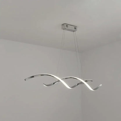 Modern chrome wave LED island lighting with sleek intertwined wave shaped arms emitting bright white light