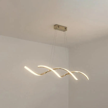 Modern gold-toned chrome wave led island lighting with sleek curved design and three intertwined light strips for kitchen pendant light