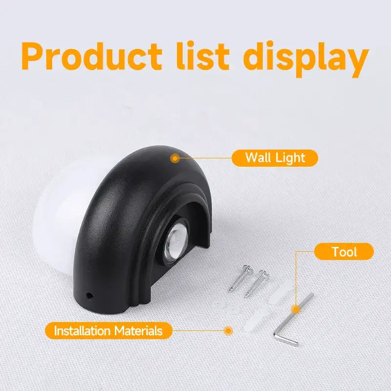 Modern circular black plastic wall light with white bulb and mounting hardware for garden exterior decorbites led wall light