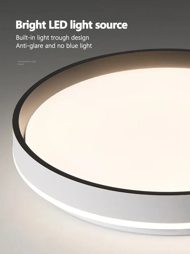 Modern circular black and white LED ceiling lamp with anti-glare design for soft warm bedroom lighting by decorbites ceiling lamp