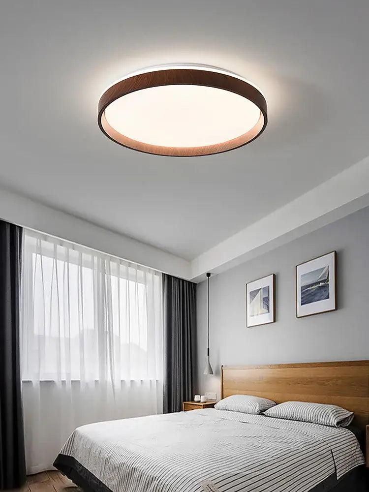 Modern circular black and white led ceiling lamp with warm wood-finished frame for bedroom decorbites ceiling lamp